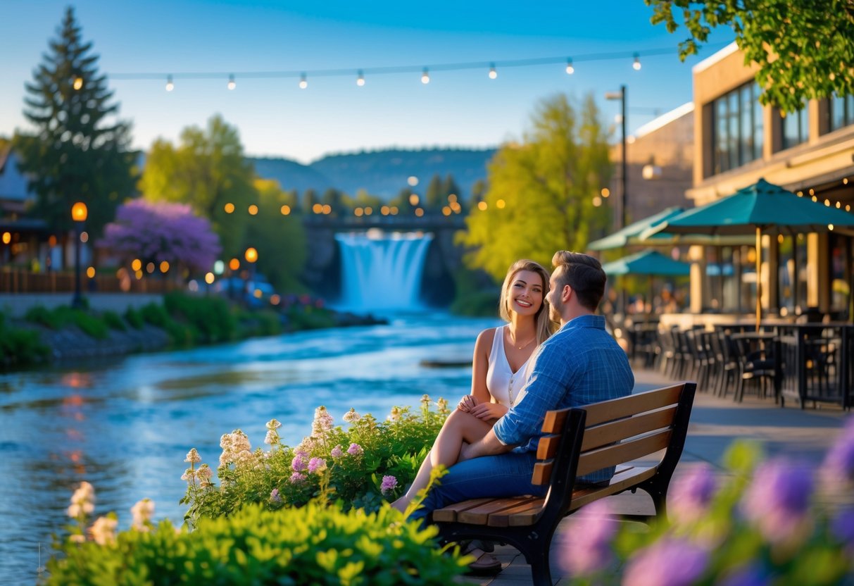 A couple sitting on a park bench by the Spokane River near Spokane Falls, surrounded by greenery and a nearby café with outdoor seating.