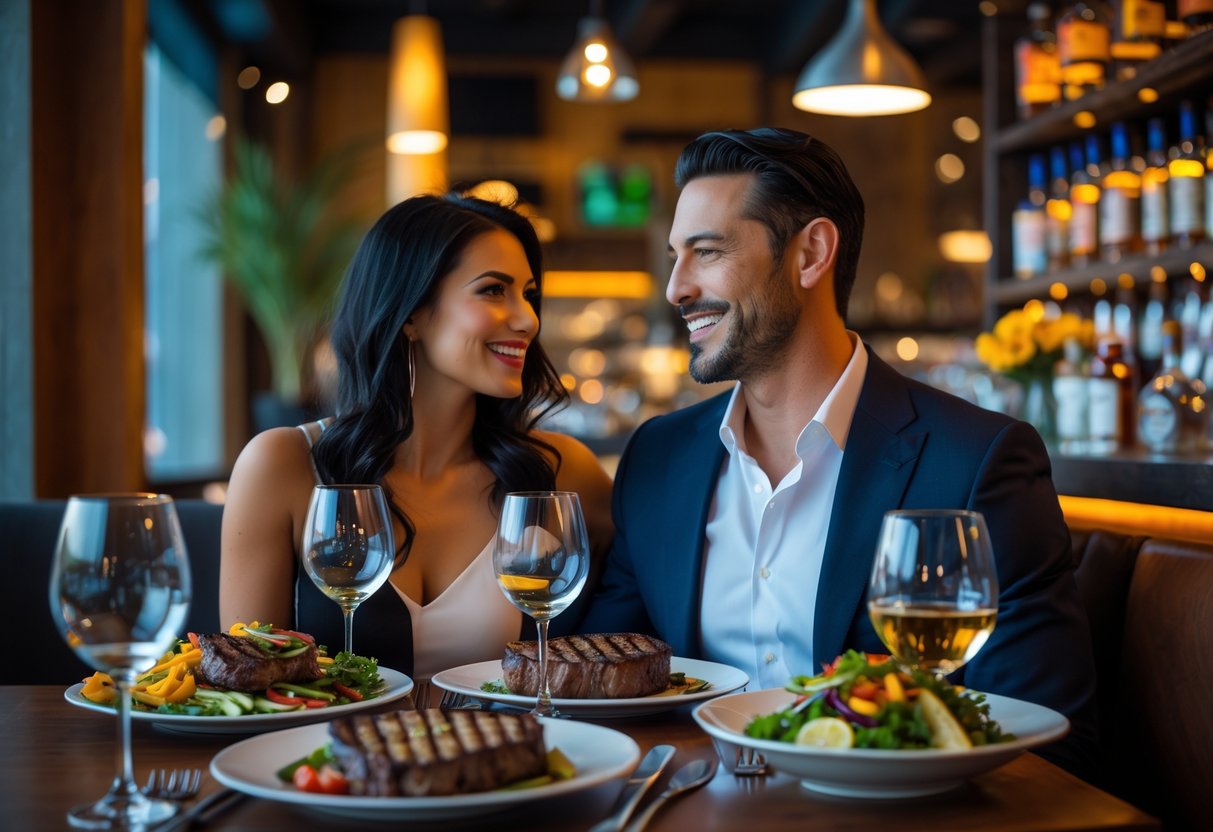 A couple enjoying a romantic dinner at a warmly lit restaurant with gourmet food and a tequila bar in the background.