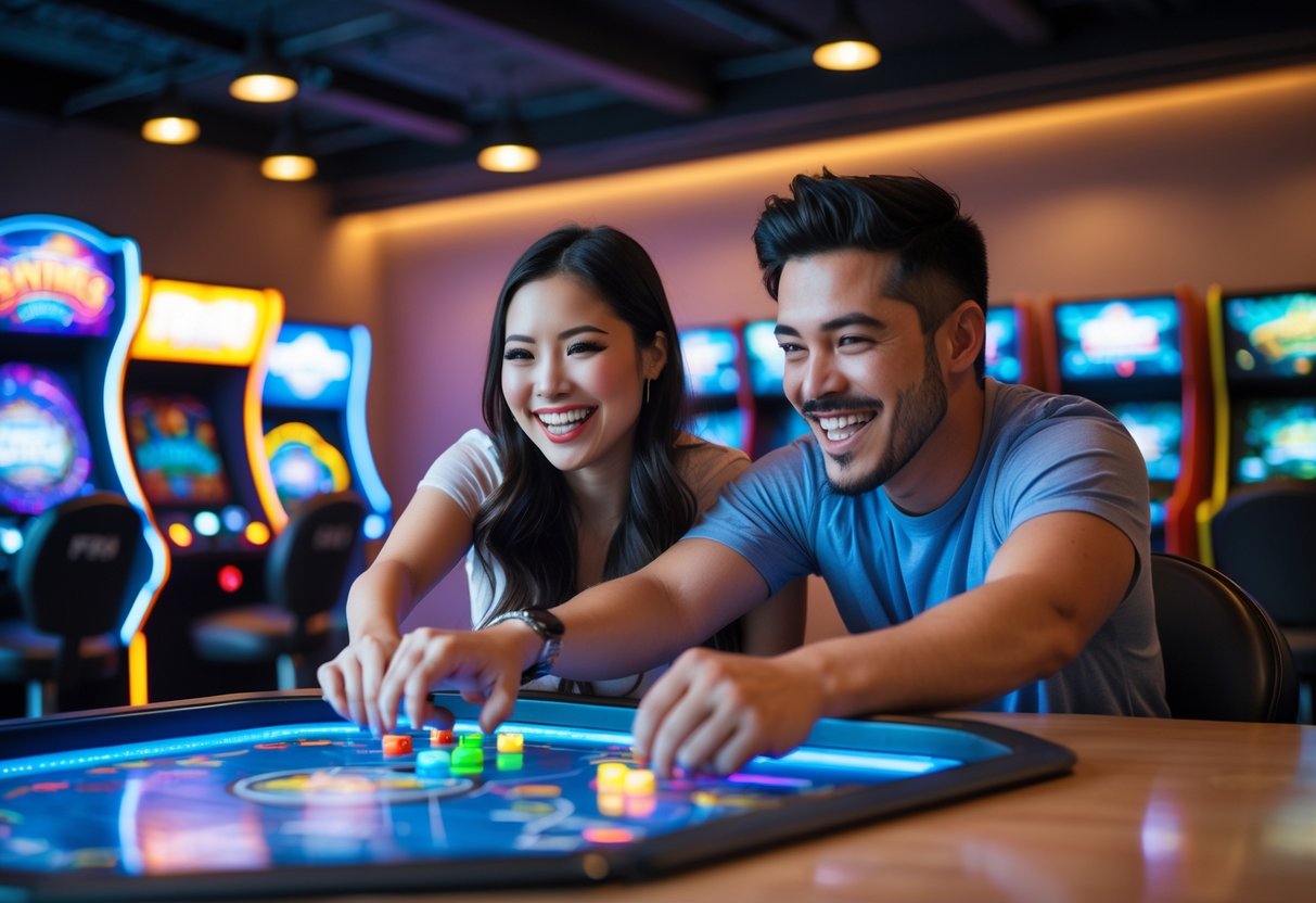 A couple playing video games together inside a modern arcade with colorful machines around them.