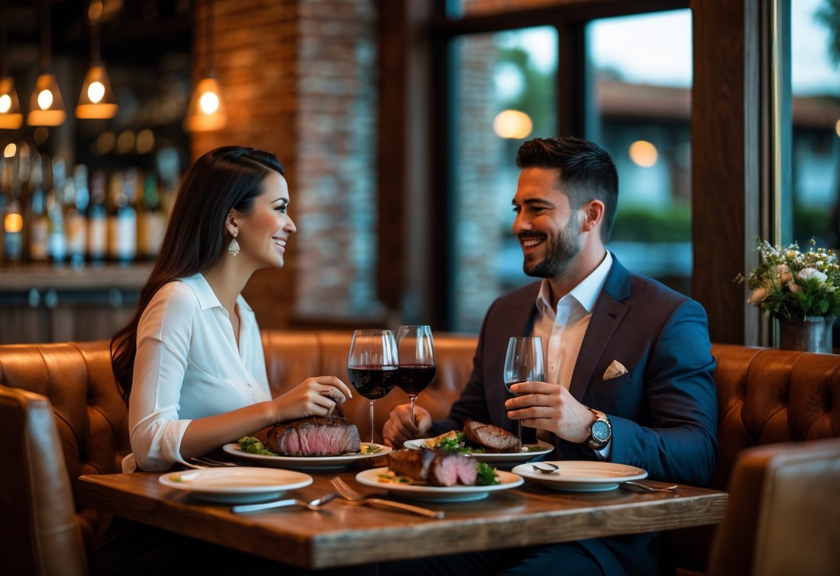 A couple enjoying a romantic dinner together at a cozy steakhouse with warm lighting and plates of steak.