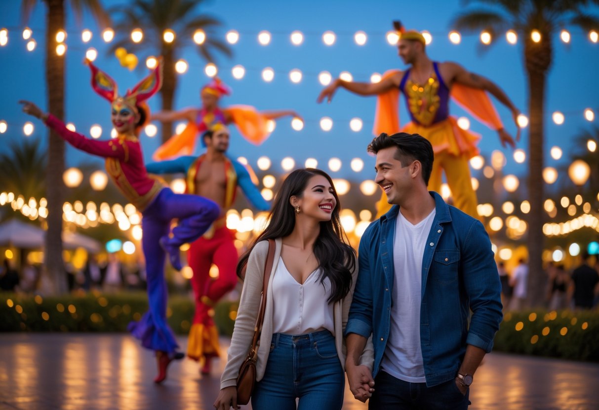 A young couple enjoying an outdoor evening event with circus performers in colorful costumes in a well-lit park setting.