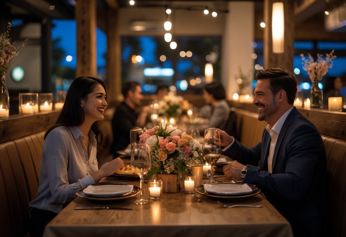 A couple enjoying a romantic dinner at a warmly lit restaurant table with elegant settings and cozy ambiance.