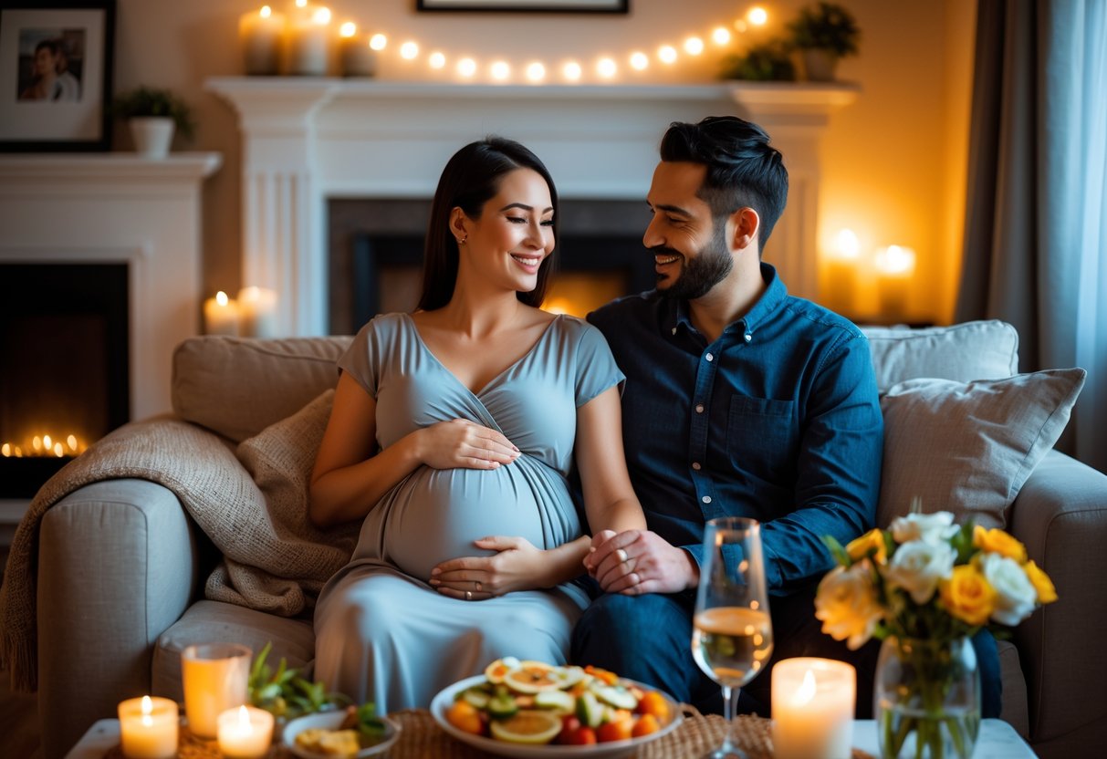 Pregnant woman and her partner sitting together on a sofa, holding hands and smiling in a softly lit living room with candles and snacks nearby.