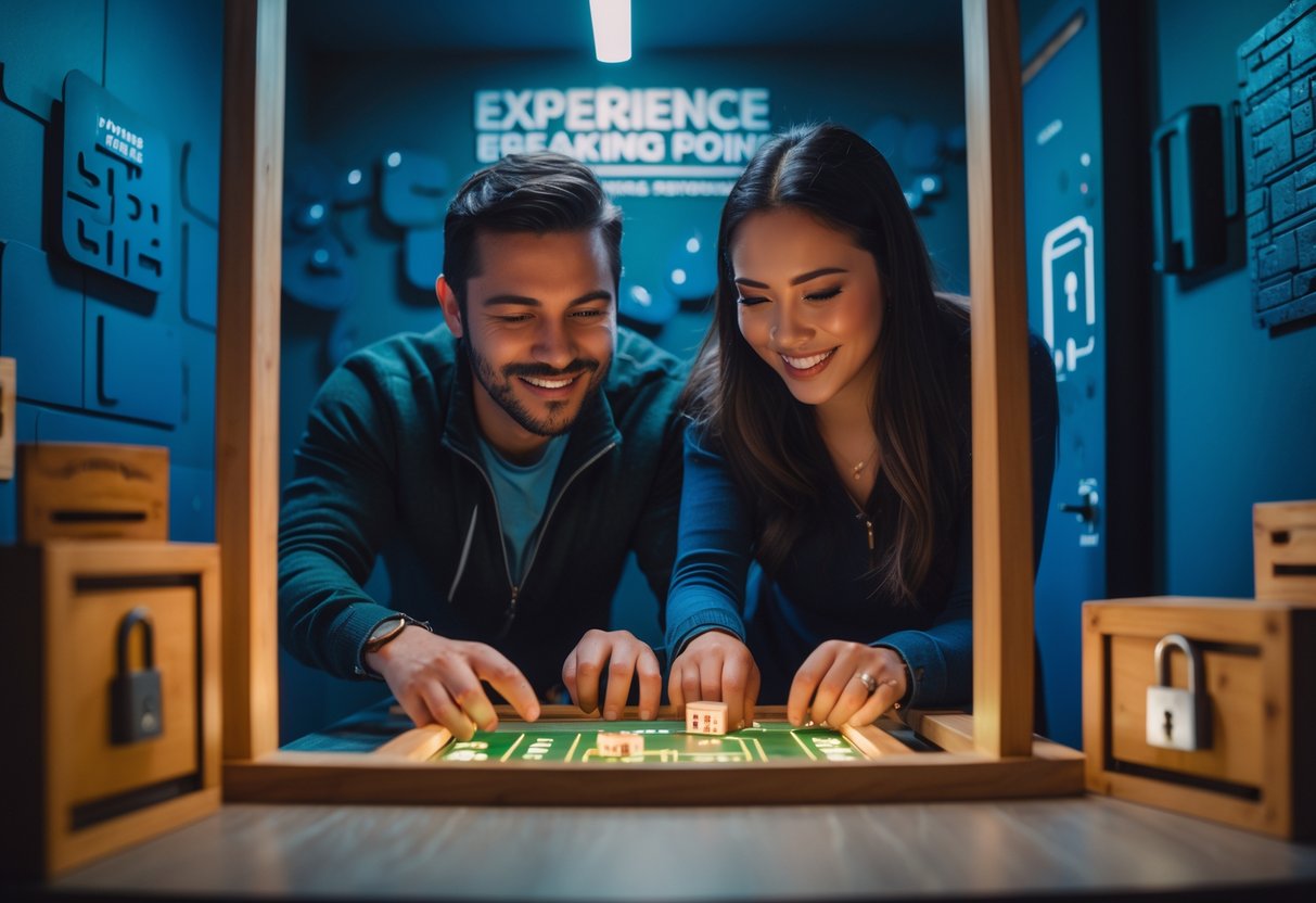 A couple working together to solve puzzles in an escape room, surrounded by themed props and clues.