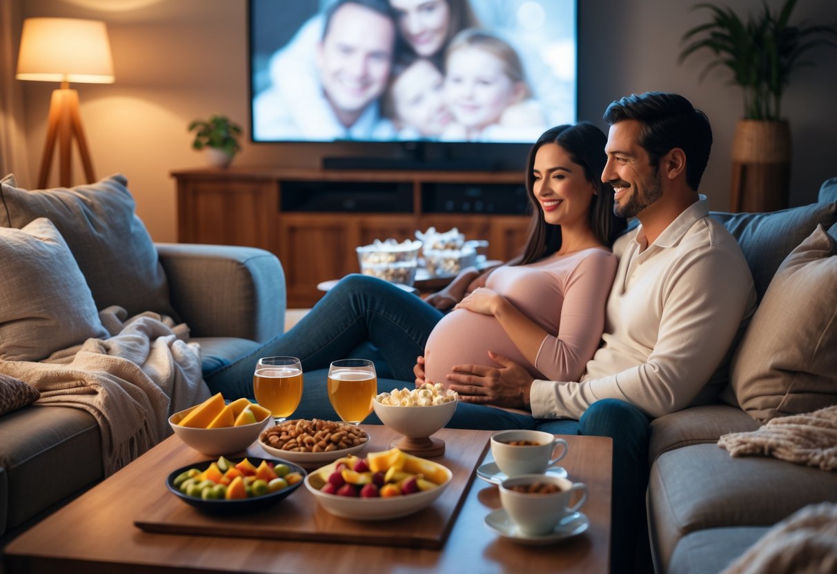 A pregnant couple enjoying a cozy movie night on a couch with pregnancy-safe snacks on a coffee table in a warmly lit living room.