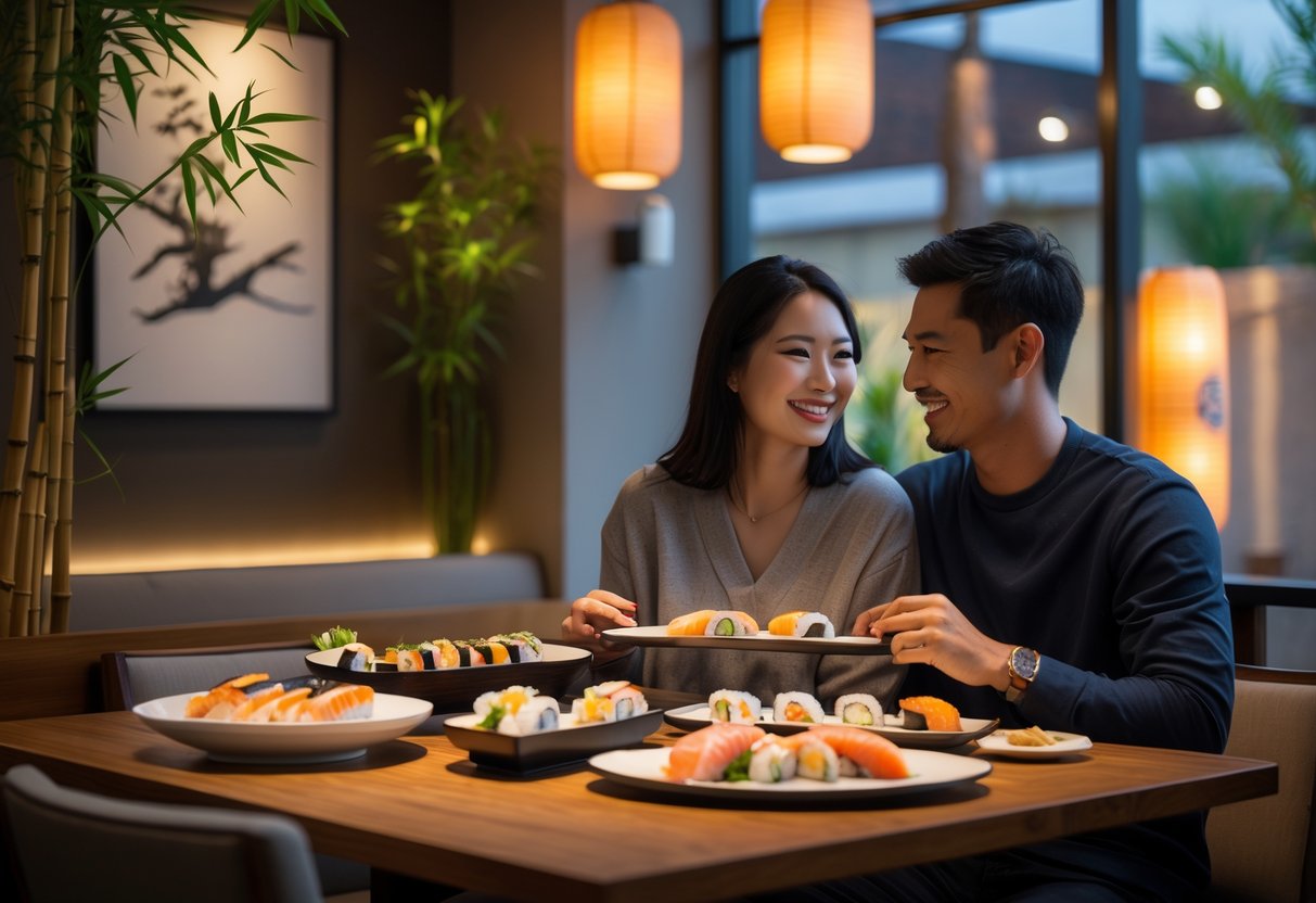 A young couple enjoying sushi together at a modern restaurant table with Japanese decor in the background.