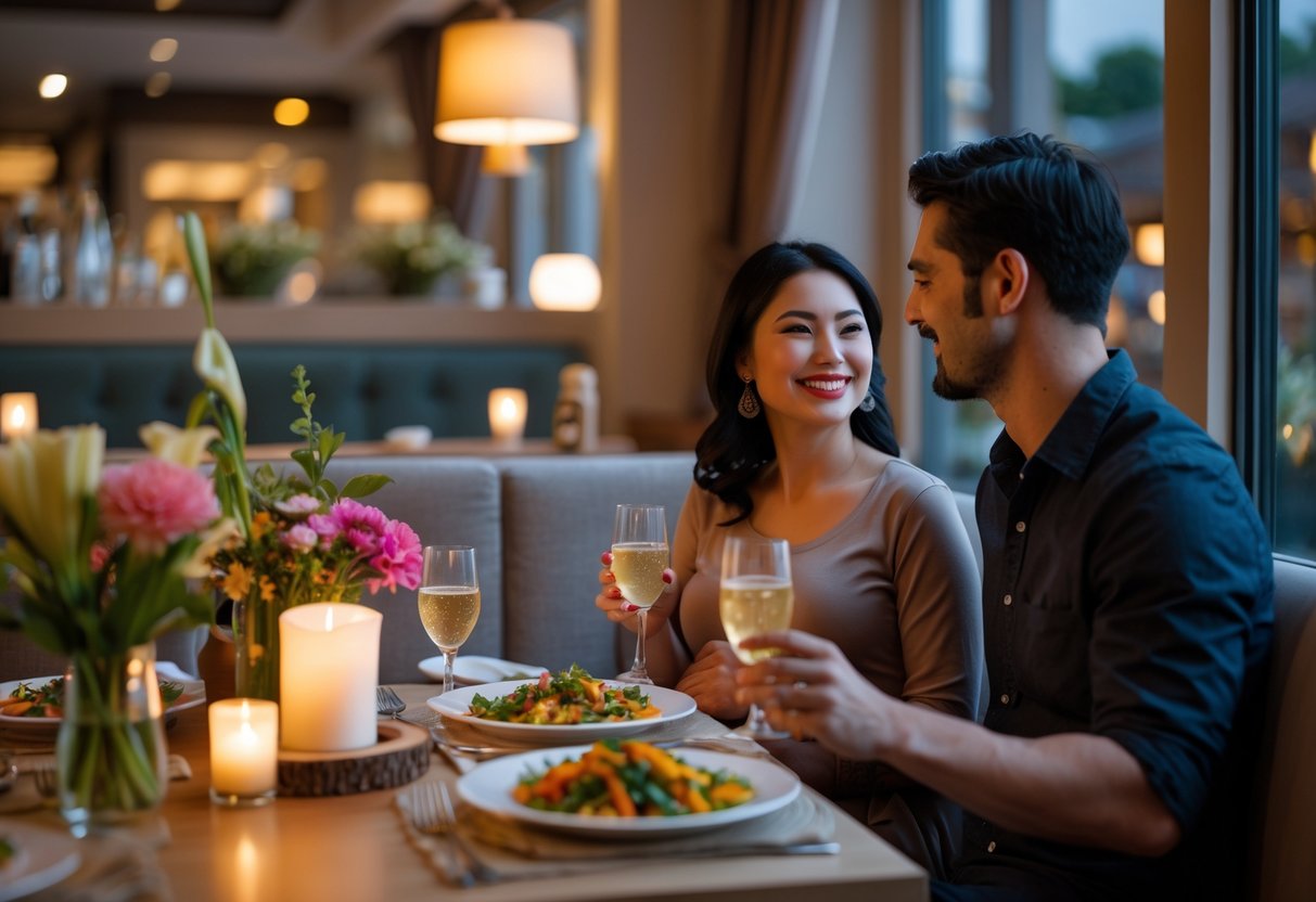 A pregnant woman and her partner enjoying a cozy dinner together at a restaurant with healthy food and soft lighting.