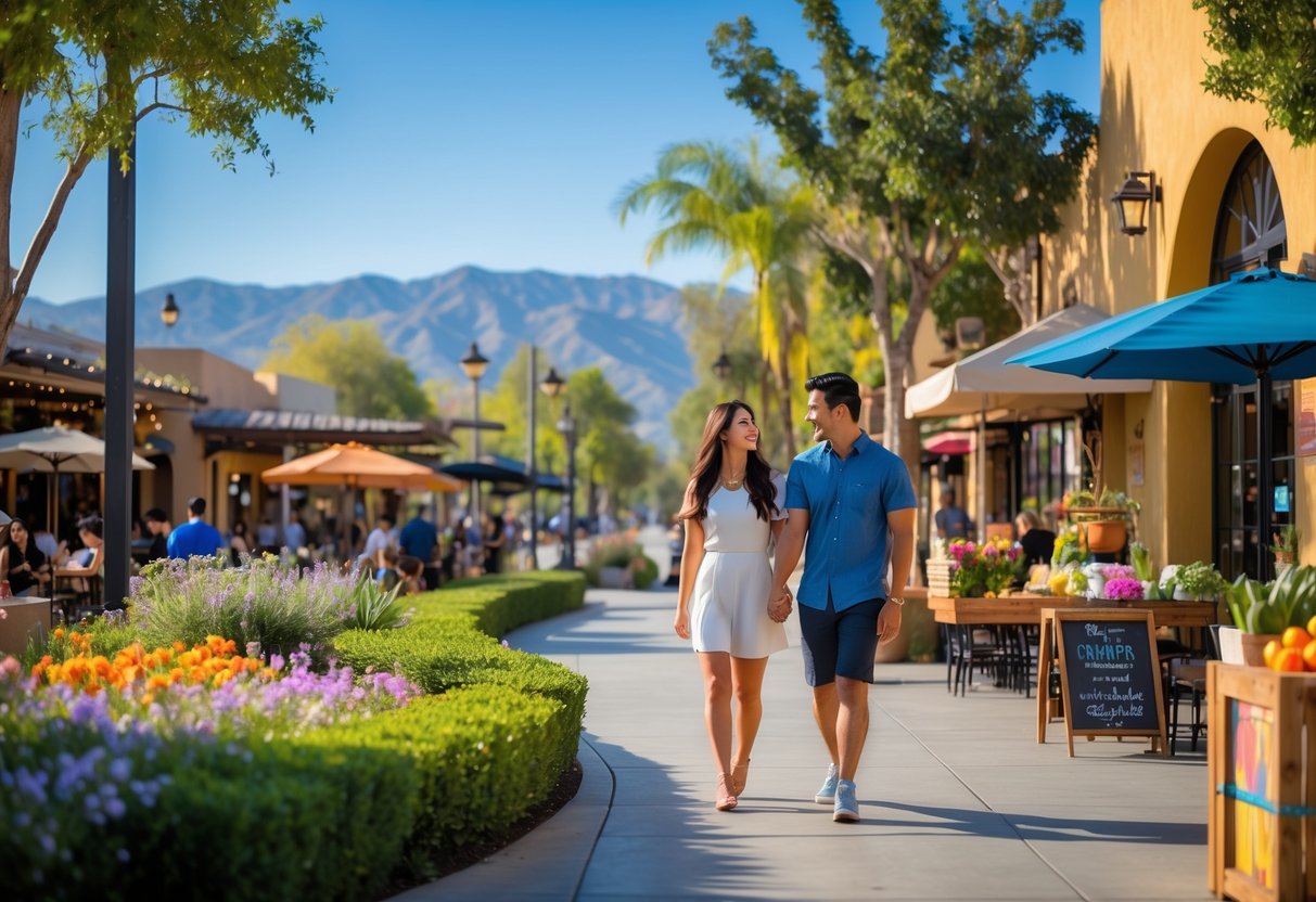 A young couple walking hand-in-hand on a sunny pathway with mountains and greenery in the background, near an outdoor café and market stalls.