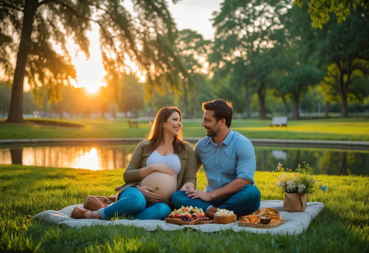 A pregnant woman and her partner enjoying a sunset picnic together in a green park.