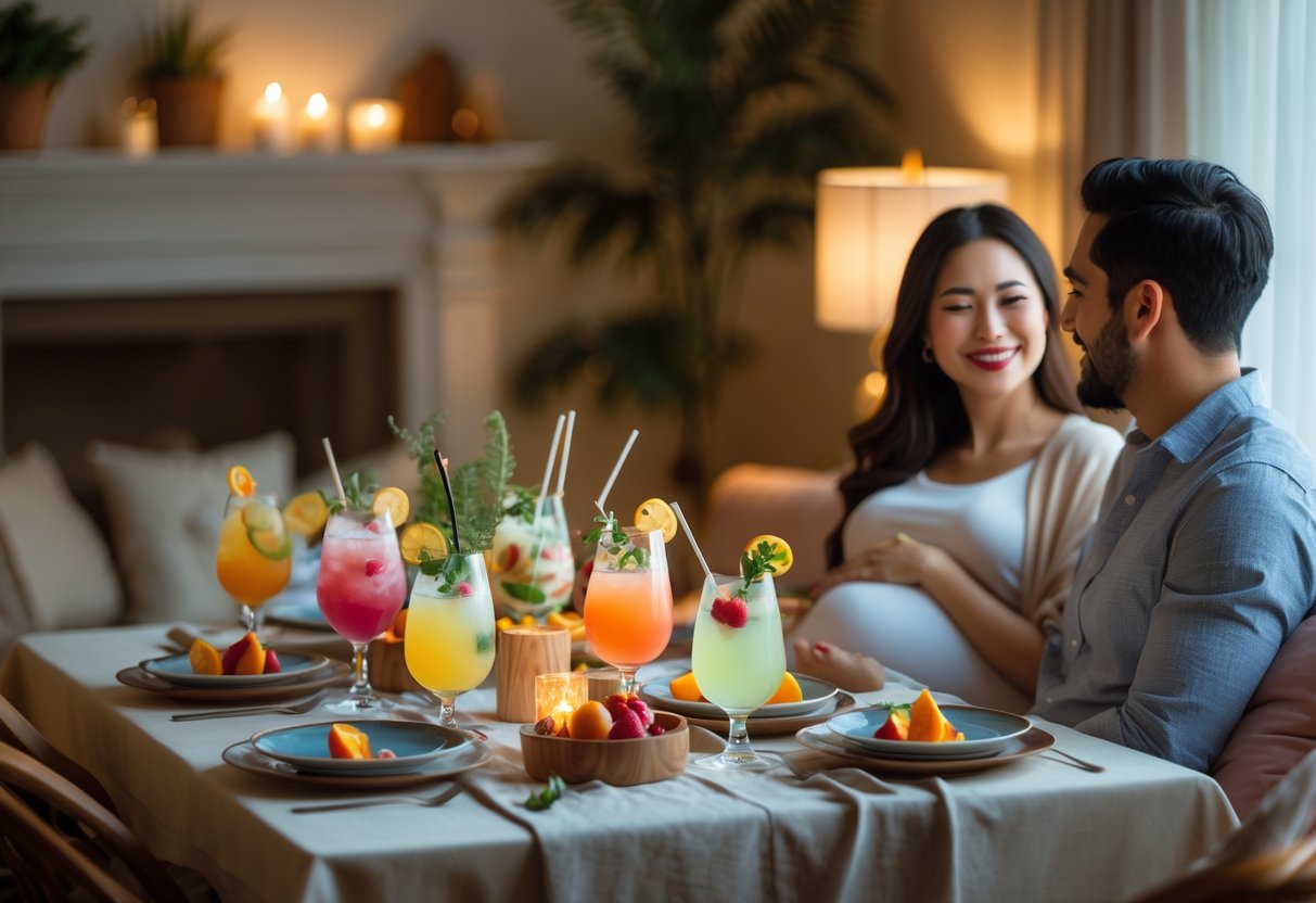 Pregnant couple enjoying a mocktail tasting date night at home, sitting at a table with colorful drinks and cozy decor.