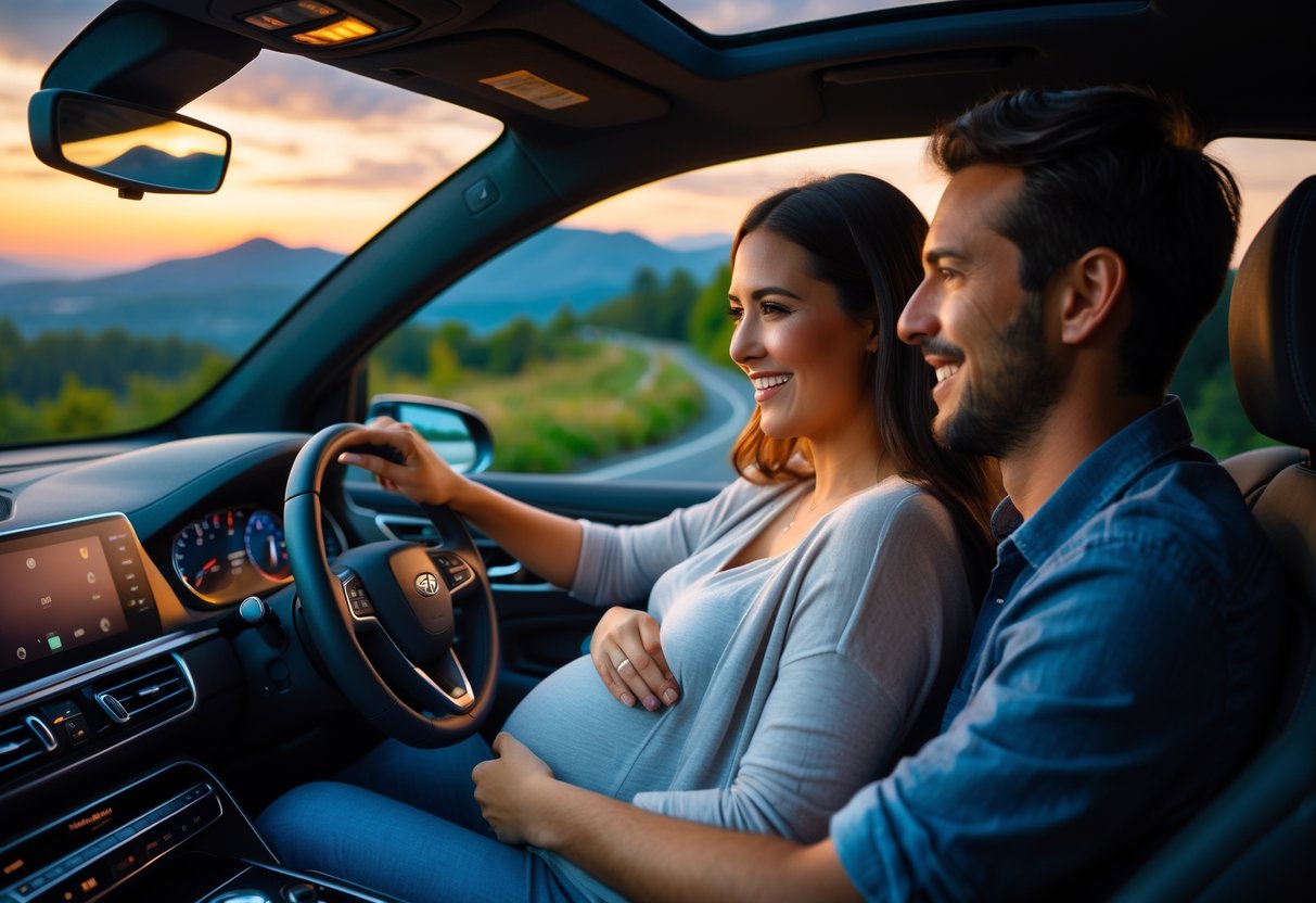 Pregnant woman and her partner enjoying a scenic drive together at sunset in a car.