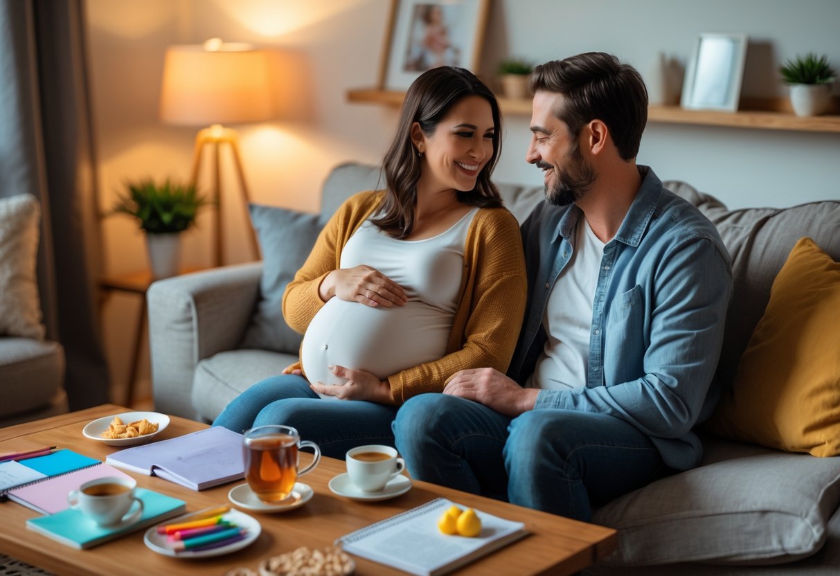 Pregnant couple sitting at a table, smiling and brainstorming baby names together in a cozy living room.