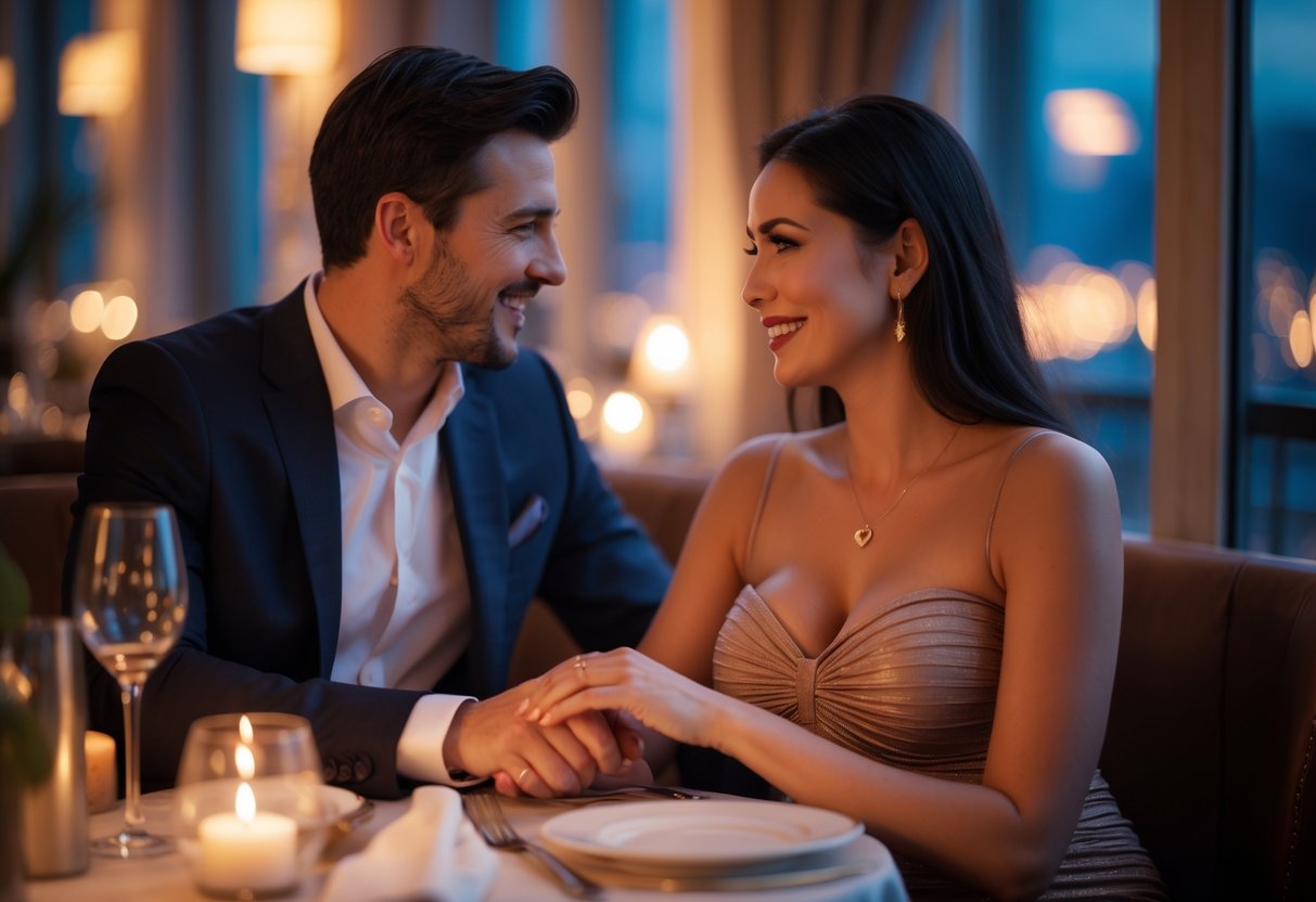 A pregnant woman and her partner sharing a loving moment together at a restaurant during a date night.