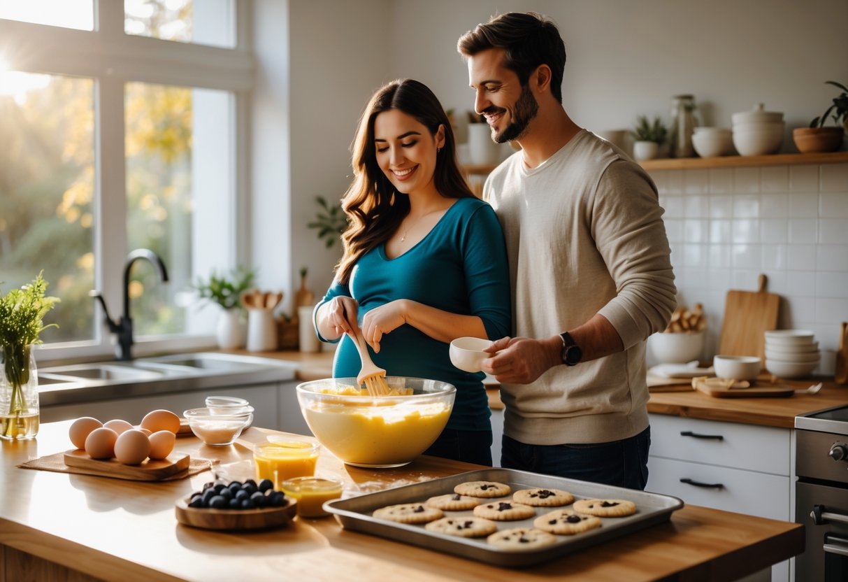 A pregnant woman and her partner baking treats together in a bright kitchen, smiling and enjoying the activity.