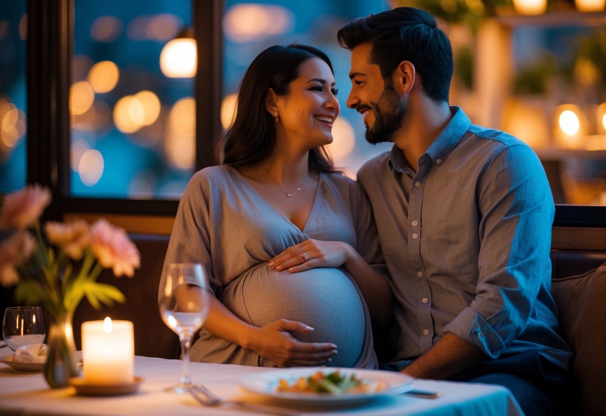 A pregnant woman and her partner sharing a warm and loving dinner at a cozy restaurant table.