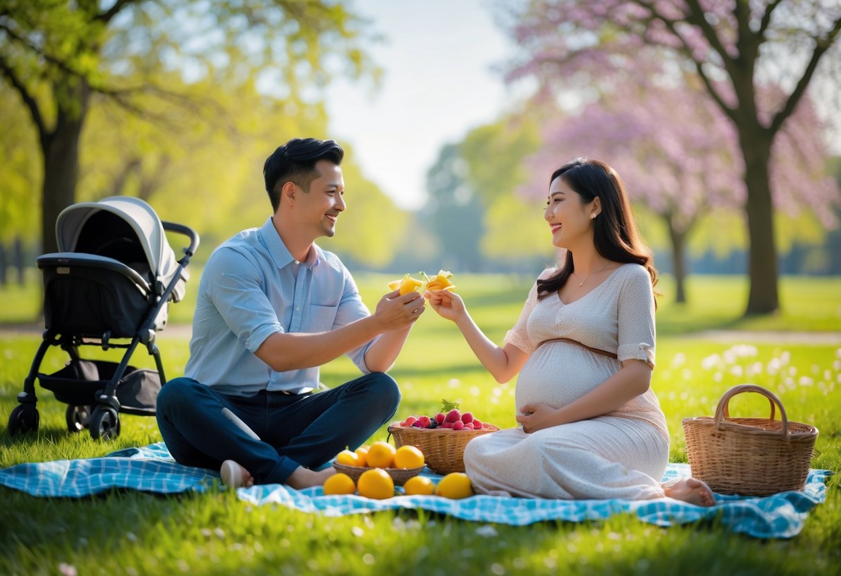 A pregnant woman and her partner sitting on a picnic blanket in a park, sharing food and smiling at each other.