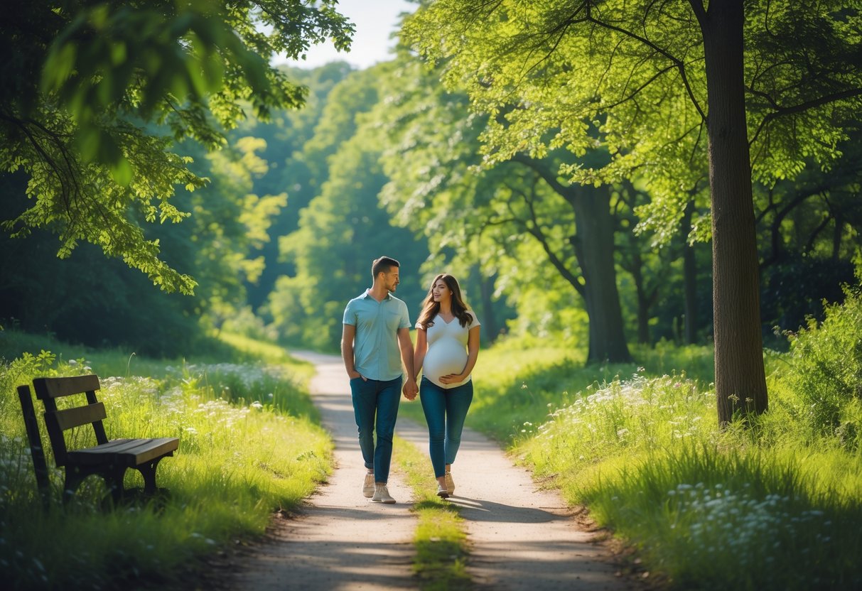 A pregnant couple walking hand in hand along a sunlit park path surrounded by trees and greenery.