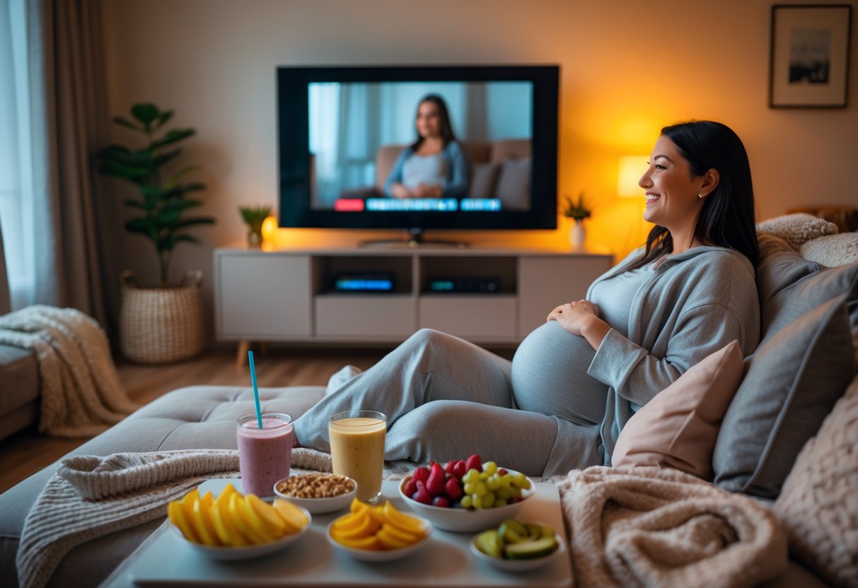 Pregnant woman sitting on a sofa with pregnancy snacks on a table, watching a movie at home.