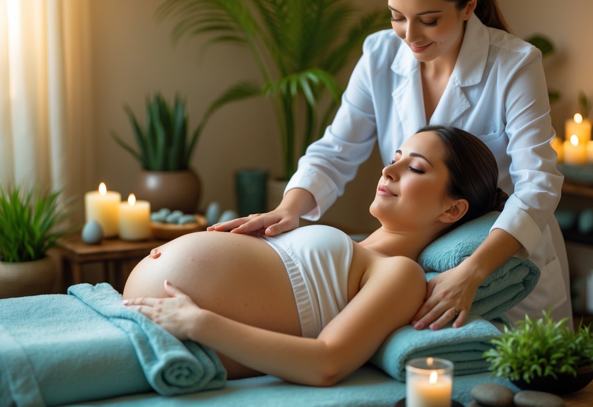 A pregnant woman receiving a gentle massage from a therapist in a calm spa room.