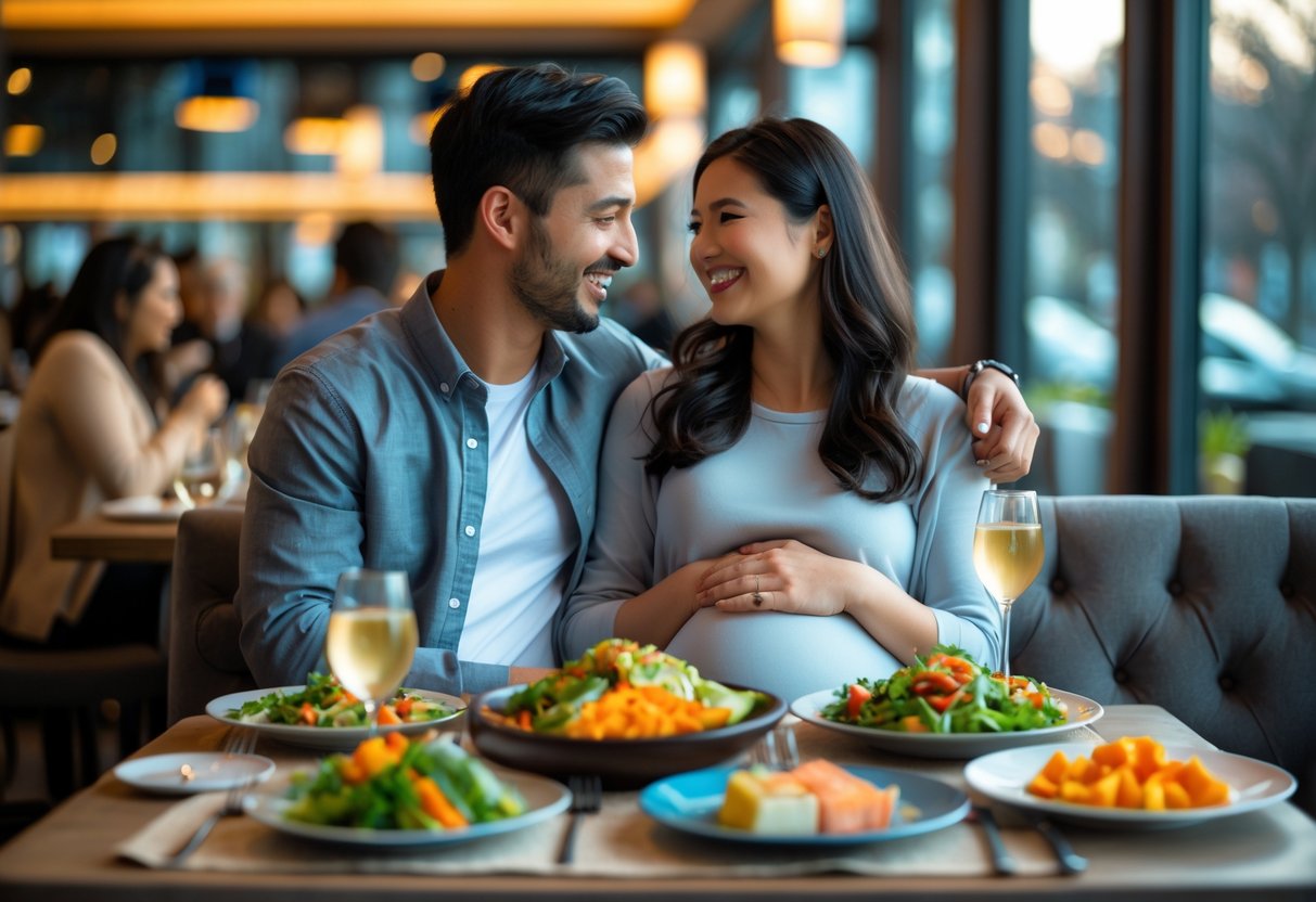 A pregnant woman and her partner enjoying a meal together at a restaurant, with healthy pregnancy-safe dishes on the table.