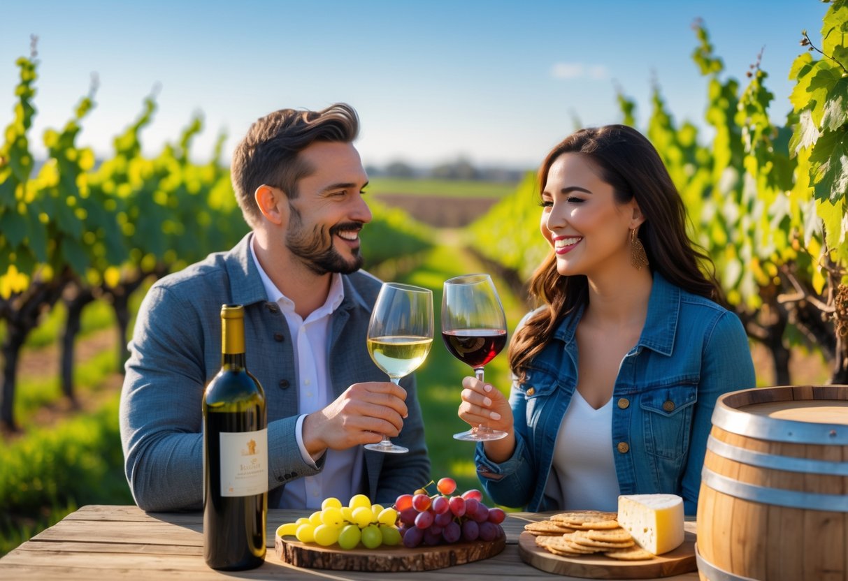 A couple sitting outdoors at a vineyard table, tasting wine and enjoying a cheese platter surrounded by green grapevines.