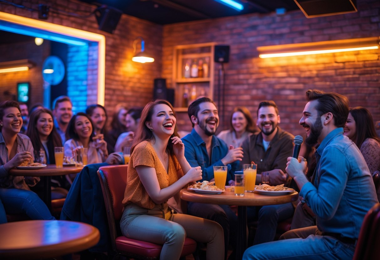 People enjoying a lively comedy show at a cozy club with a brick wall stage and warm lighting.