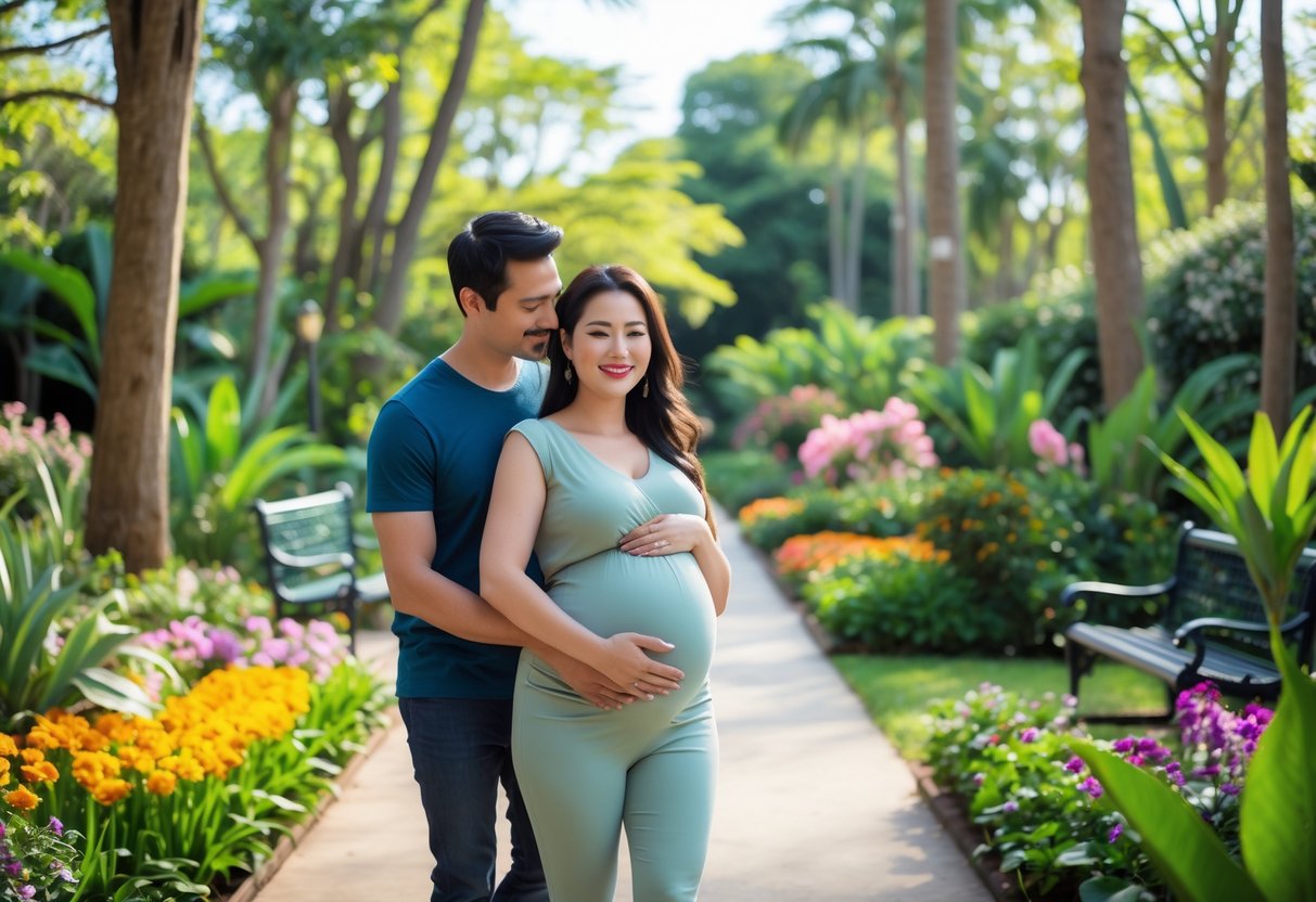 Pregnant woman and partner walking together in a lush botanical garden surrounded by flowers and trees.