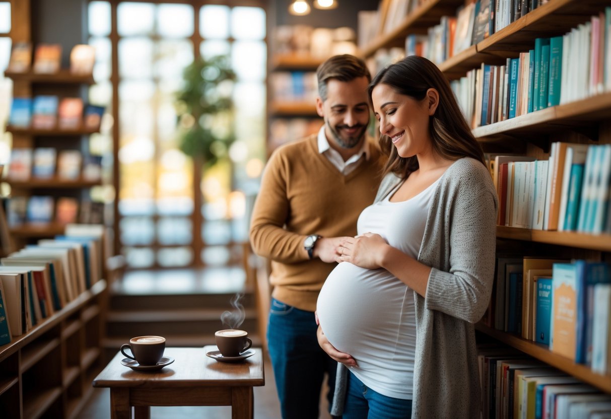 A pregnant woman and her partner browsing books in a cozy bookstore with two cups of coffee on a nearby table.
