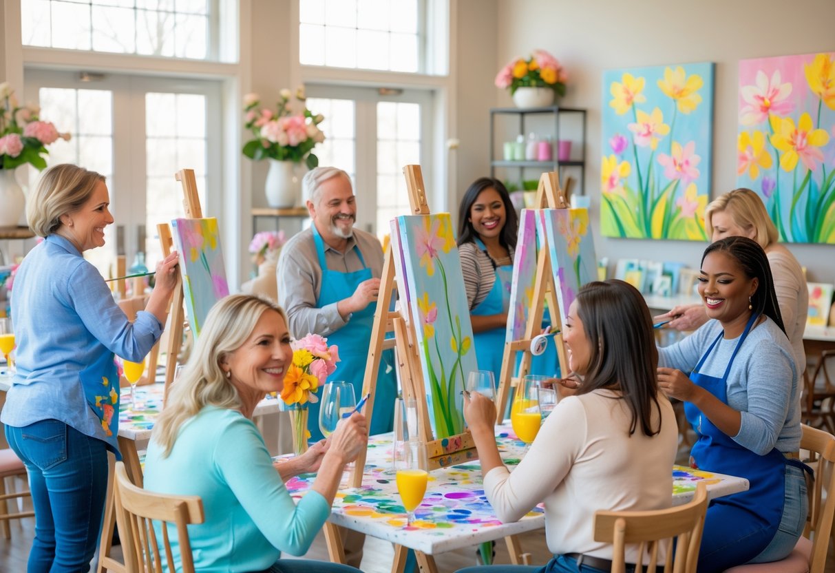 Adults painting on canvases in a bright room with art supplies and spring decorations, enjoying a social painting class.