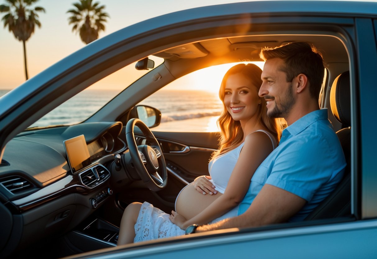 A pregnant couple smiling inside a car driving along a coastal road at sunset with the ocean and palm trees in the background.