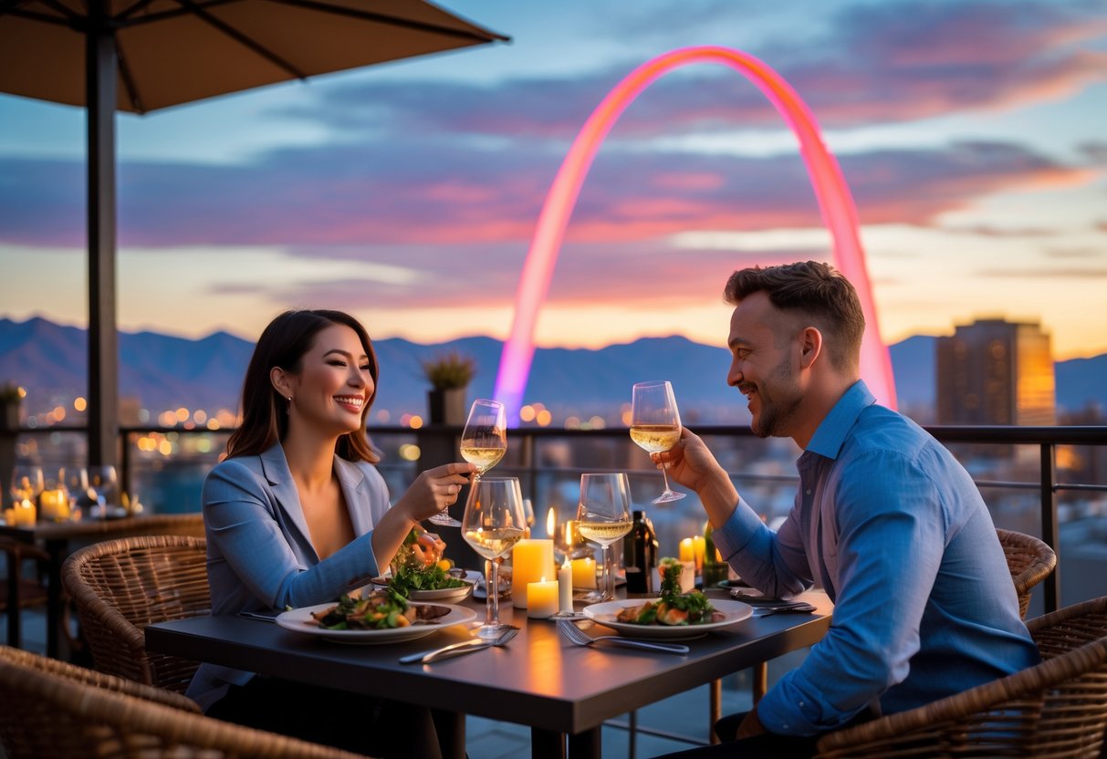 A couple enjoying a romantic rooftop dinner in Reno with the city skyline and Reno Arch visible at sunset.