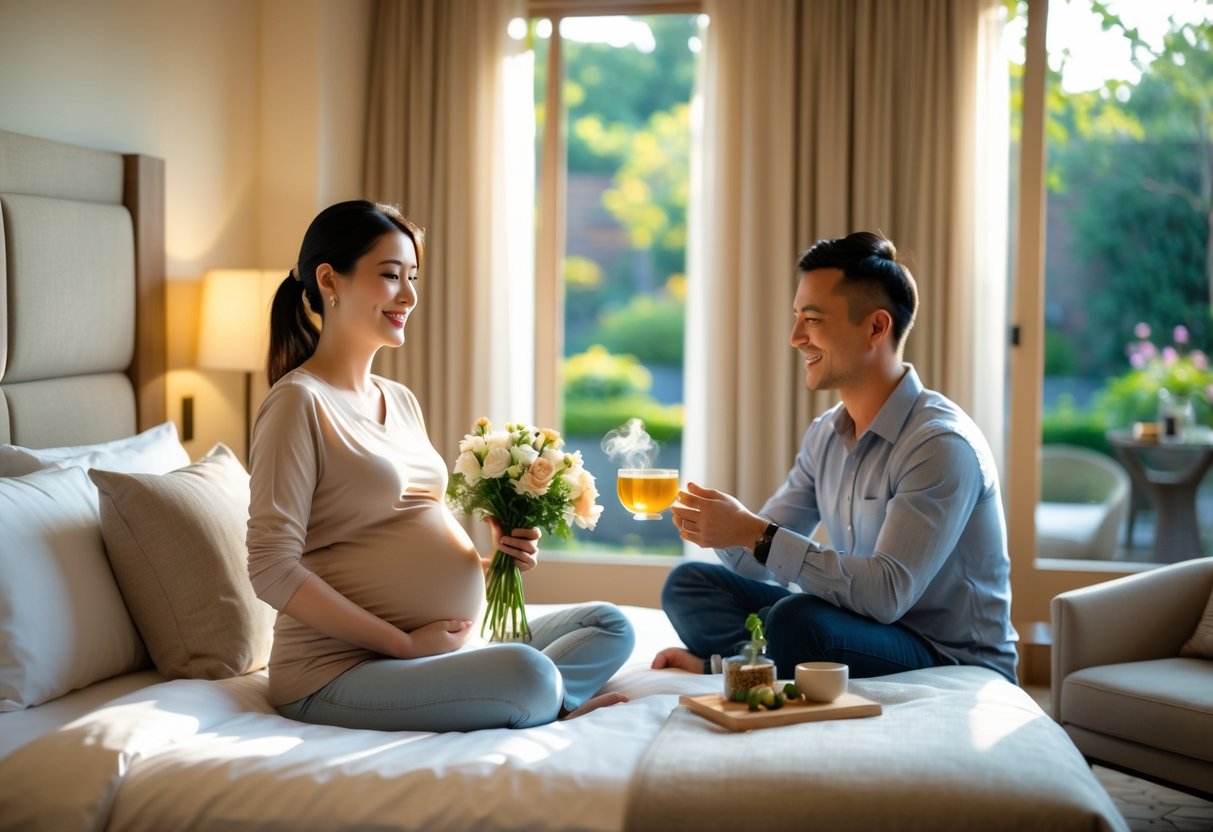 Pregnant woman and partner enjoying a cozy hotel room with flowers and tea, sunlight streaming through the window.