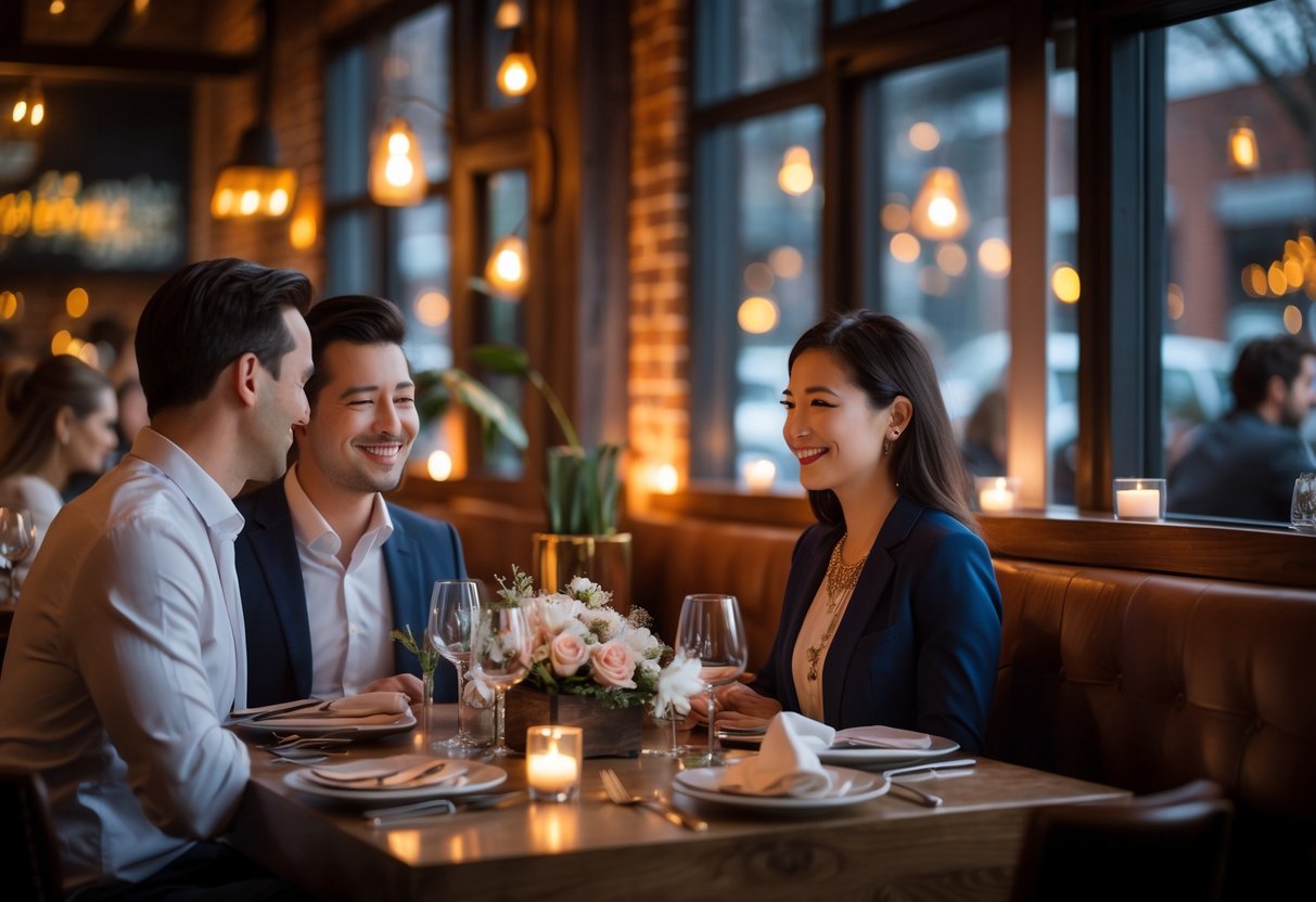A couple enjoying a romantic dinner at a warmly lit restaurant with elegant table settings and cozy decor.
