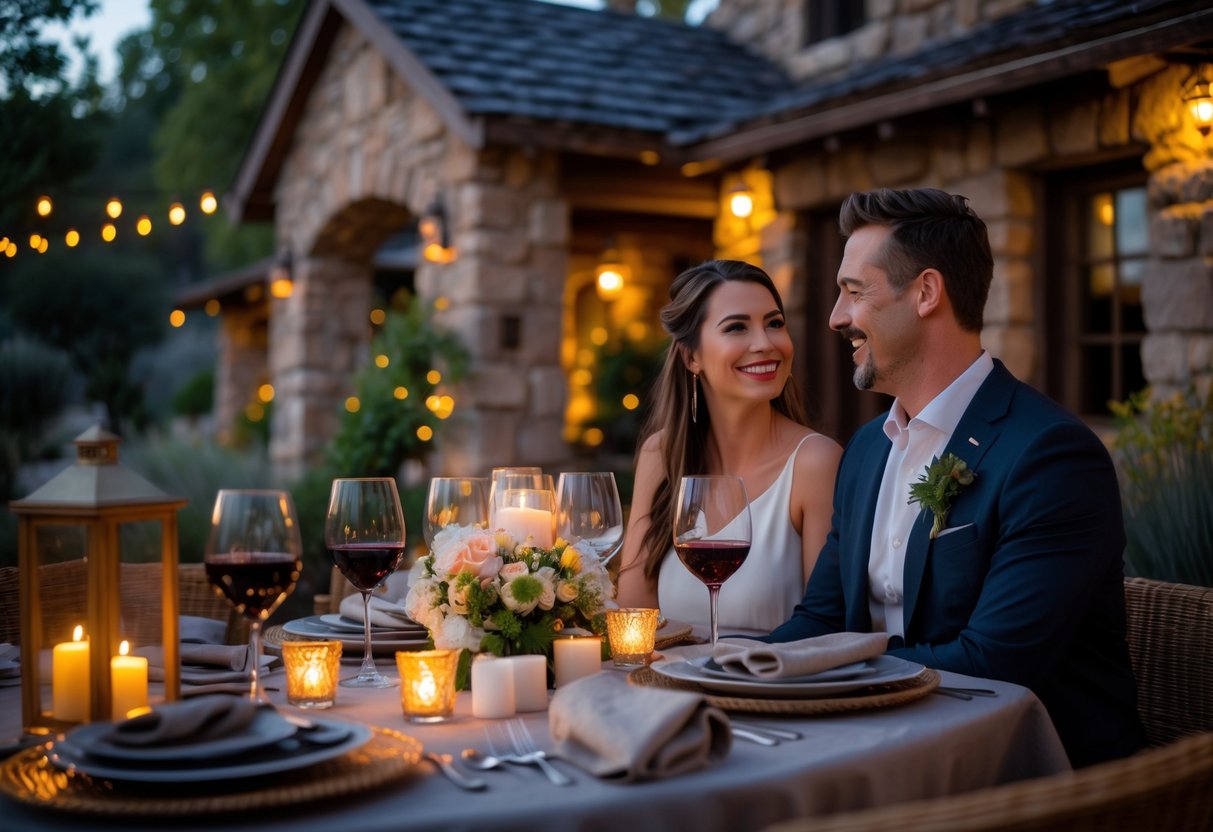 A couple enjoying a romantic dinner at an outdoor table with stone building and greenery in the background.