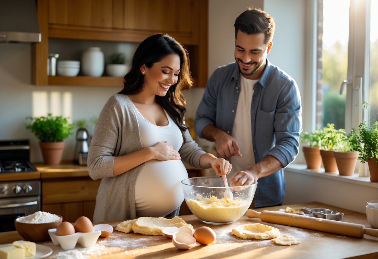 Pregnant couple baking homemade treats together in a bright kitchen, smiling and working side by side.