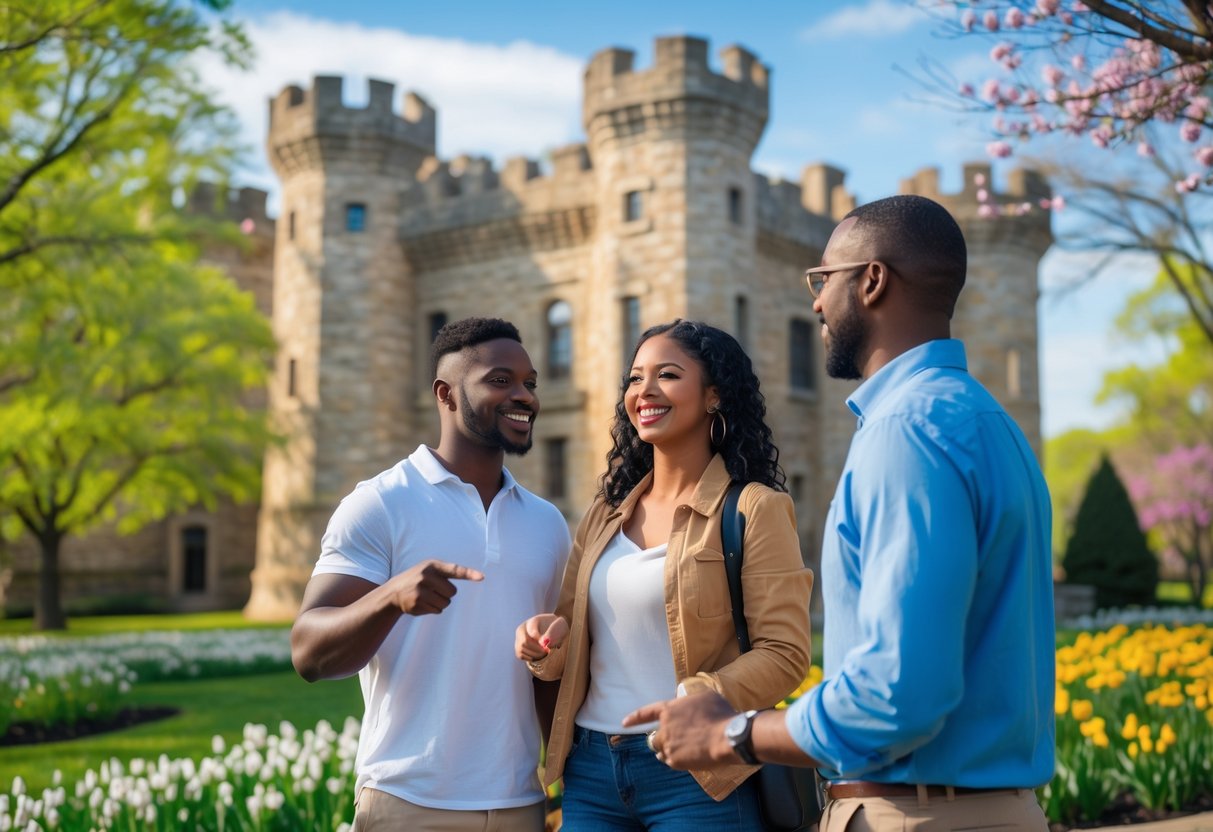 A couple on a guided tour outside a historic stone castle surrounded by spring greenery and flowers.