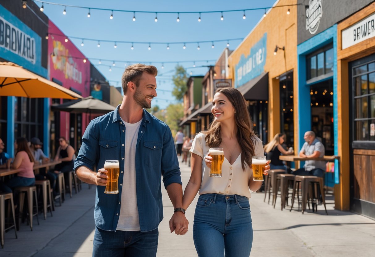 A young couple walking hand-in-hand on a street with breweries and colorful murals, holding craft beer glasses and smiling.