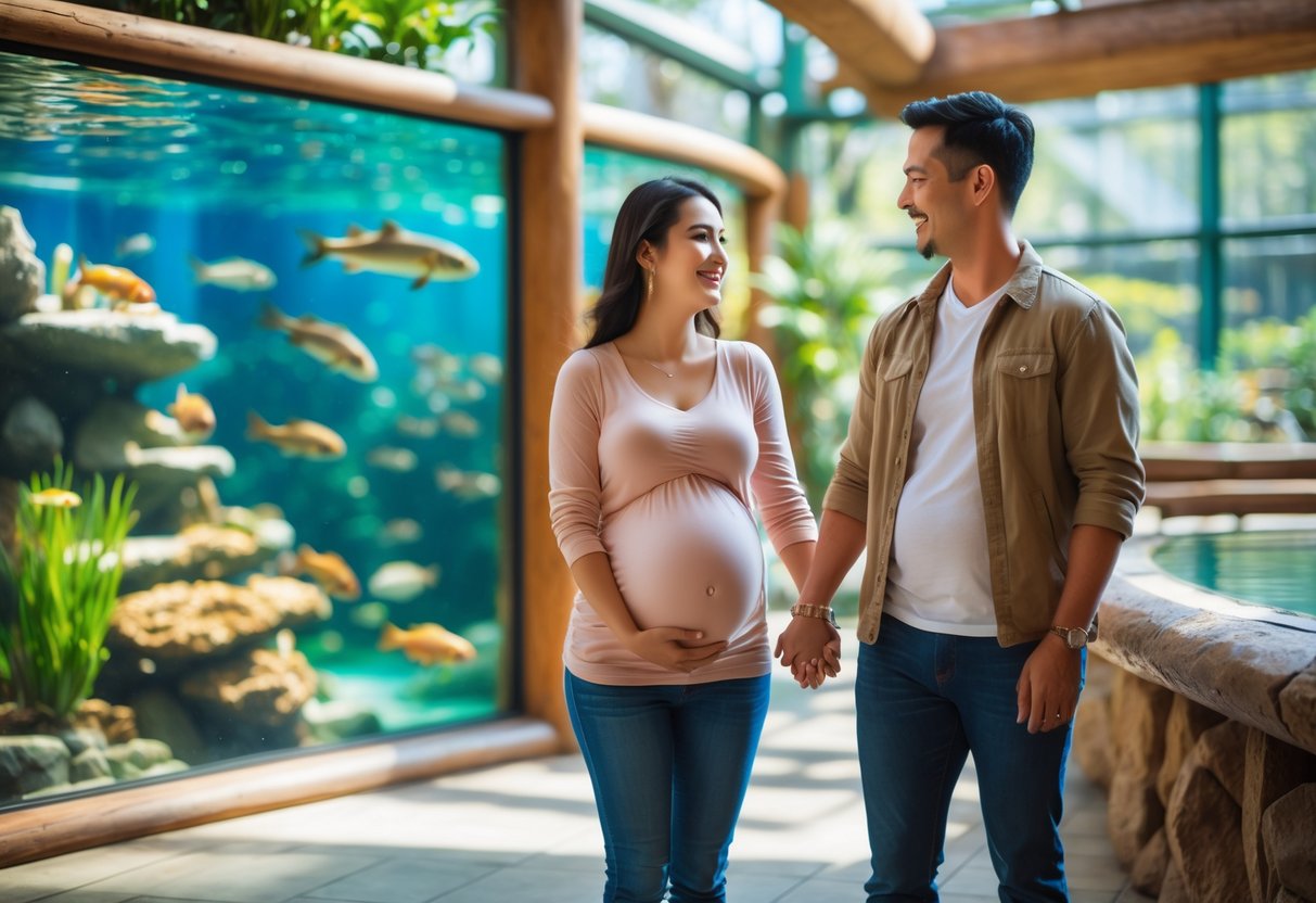 A pregnant couple holding hands and smiling while looking at animals or fish in an aquarium or zoo.