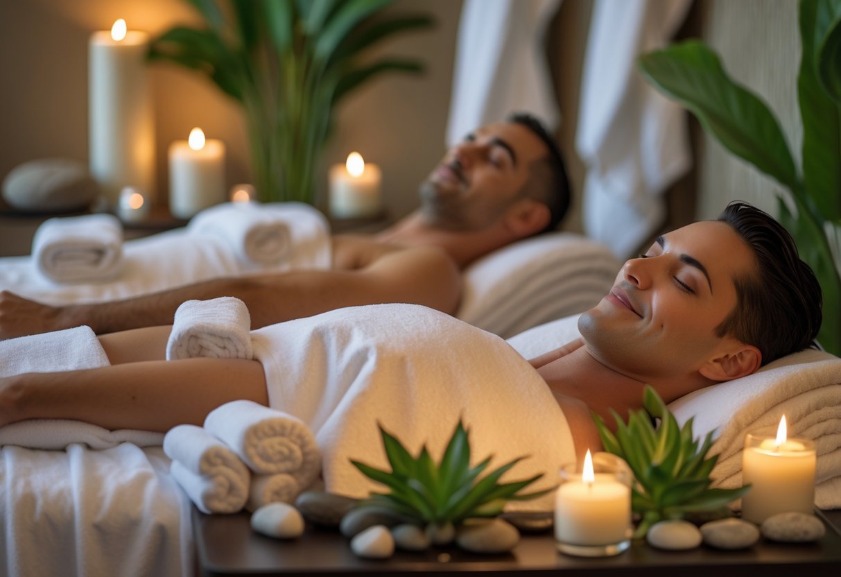 A couple relaxing side by side during a massage in a luxurious spa room with candles and plants.