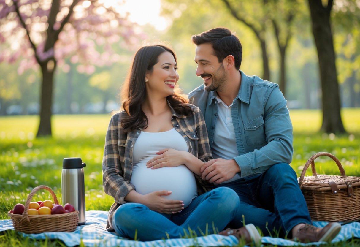 A pregnant couple sitting on a picnic blanket in a park, smiling and holding hands while enjoying a peaceful outdoor moment together.