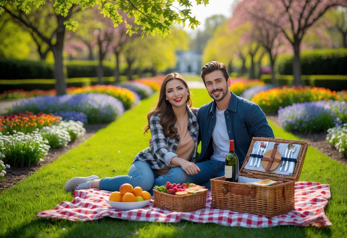 A young couple enjoying a picnic on a blanket surrounded by blooming flowers and greenery in a botanical garden.