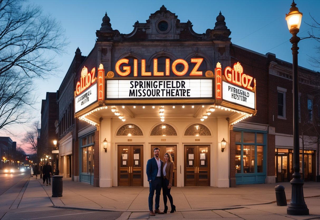 A young couple stands outside the illuminated Gillioz Theatre in Springfield, Missouri on a spring evening.