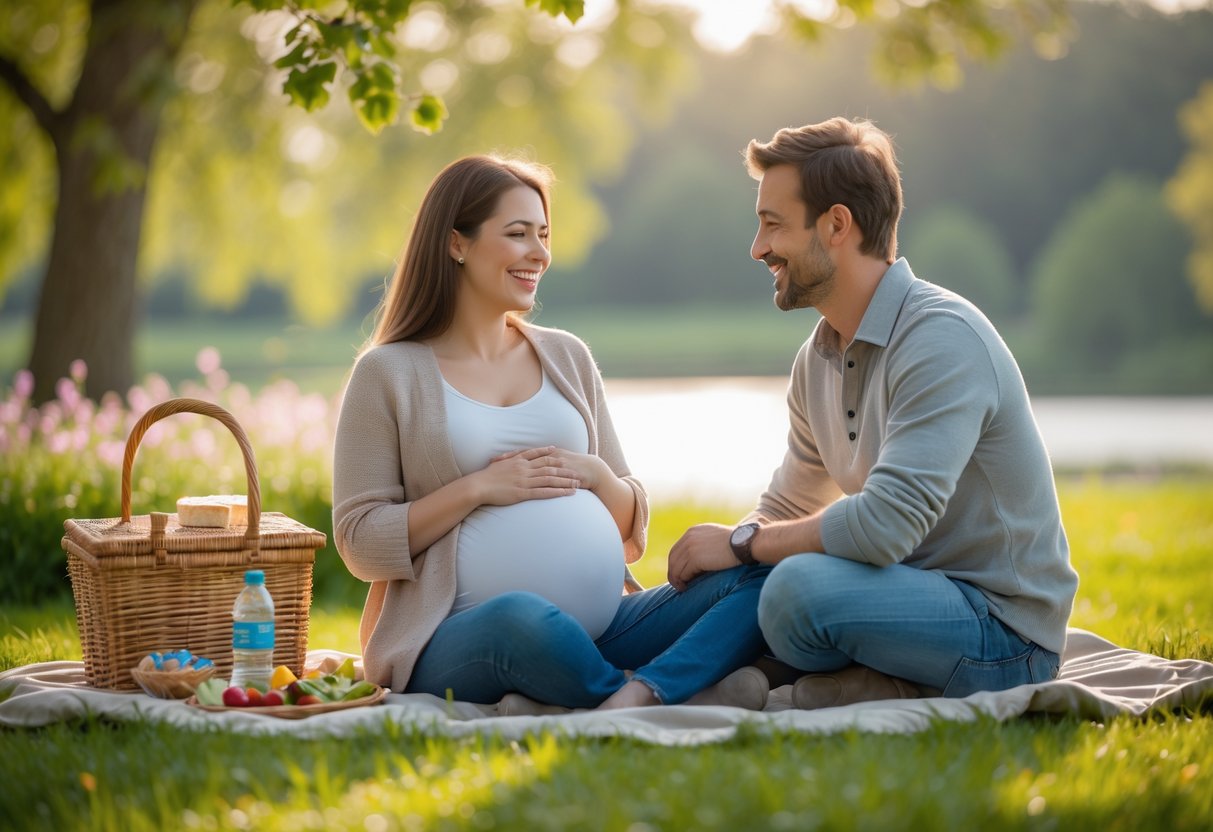 Pregnant woman and partner sitting on a picnic blanket in a park, enjoying a peaceful outdoor date.