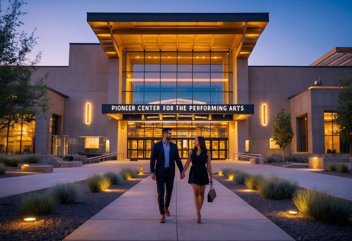 A couple walking hand in hand toward the illuminated entrance of the Pioneer Center for the Performing Arts in Reno at twilight.