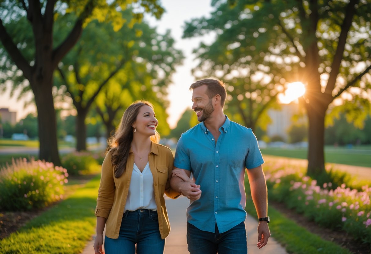 A happy couple walking and talking together on a tree-lined path in a sunny park with greenery and city buildings in the background.