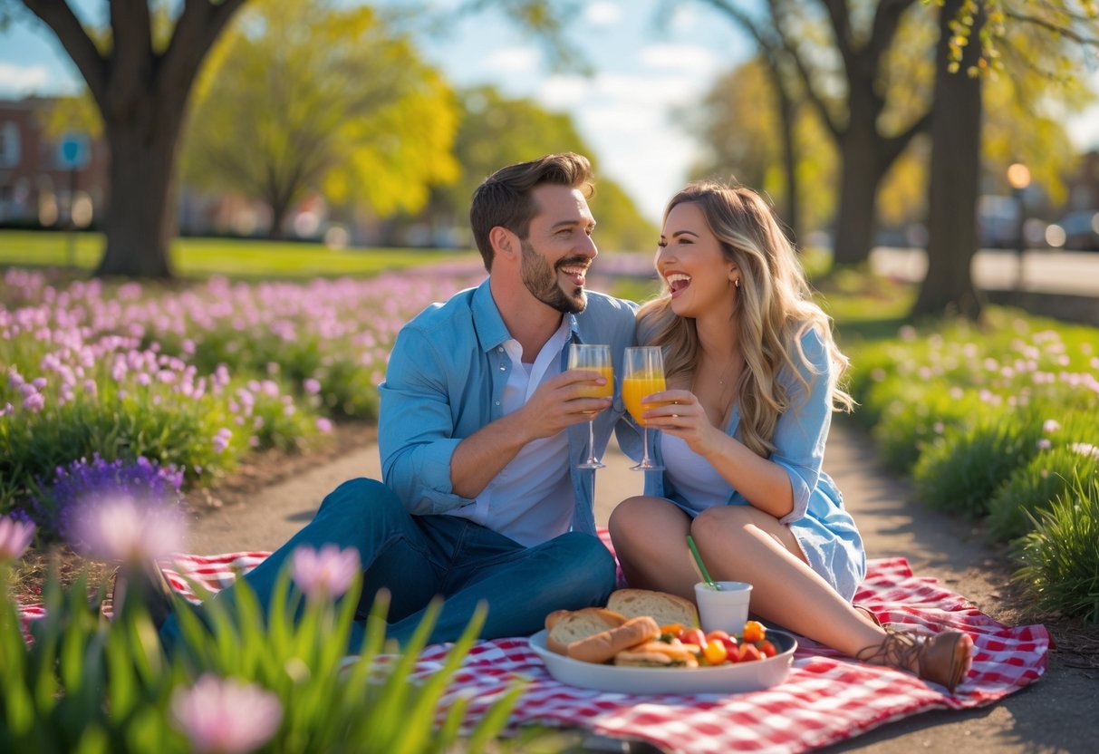 A happy couple enjoying a spring day outdoors surrounded by blooming flowers and greenery.