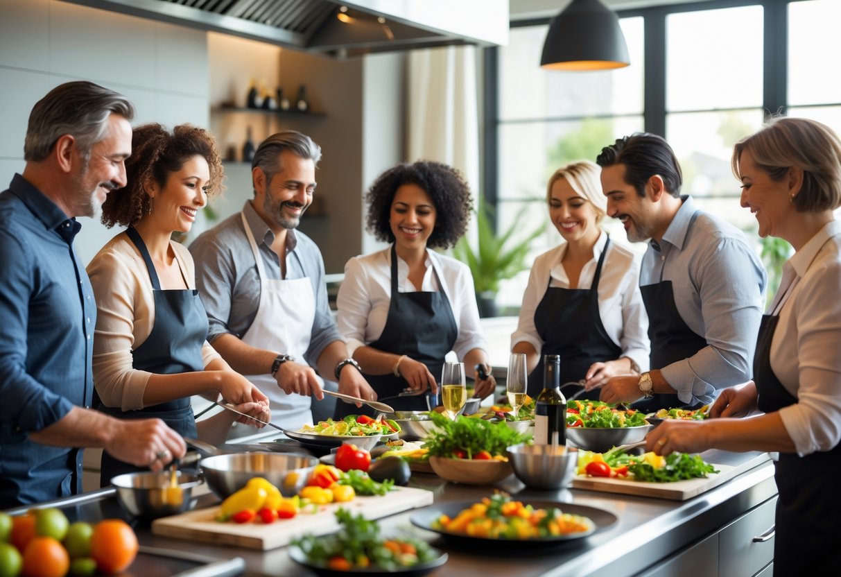 A group of adults cooking together in a modern kitchen during a social cooking class event.