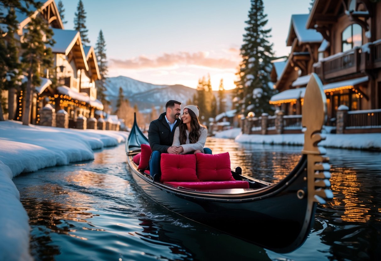A couple enjoying a romantic gondola ride on calm water surrounded by snow-covered trees and alpine buildings at sunset.