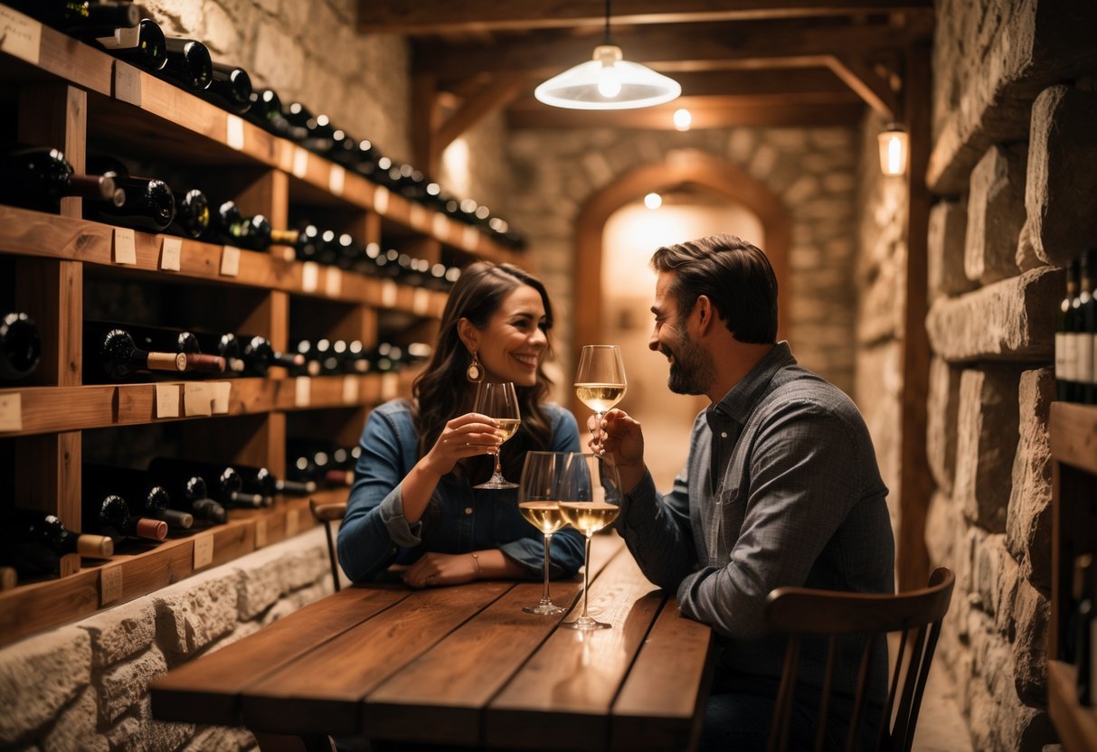 A couple enjoying wine tasting together at a cozy wine cellar with shelves of wine bottles in the background.