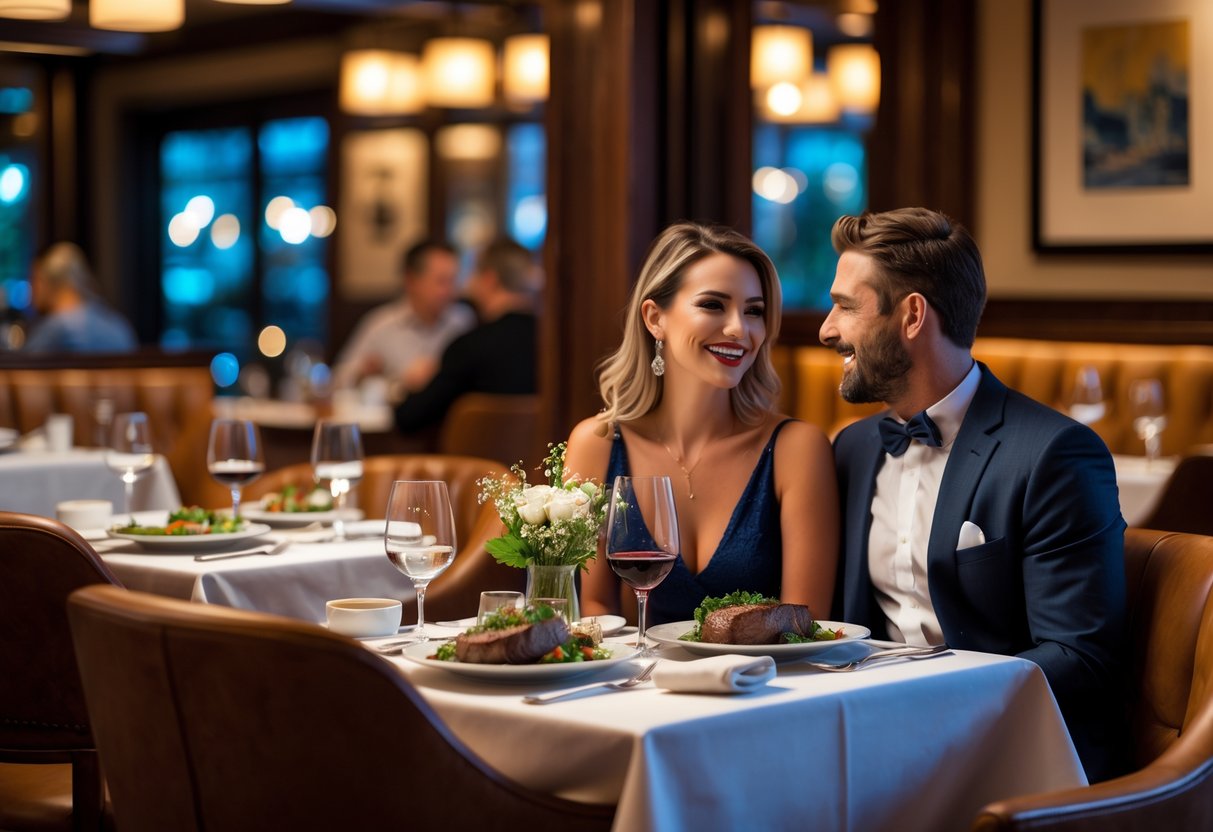 A couple enjoying a romantic dinner at an elegant steakhouse with a table set for two and warm lighting.